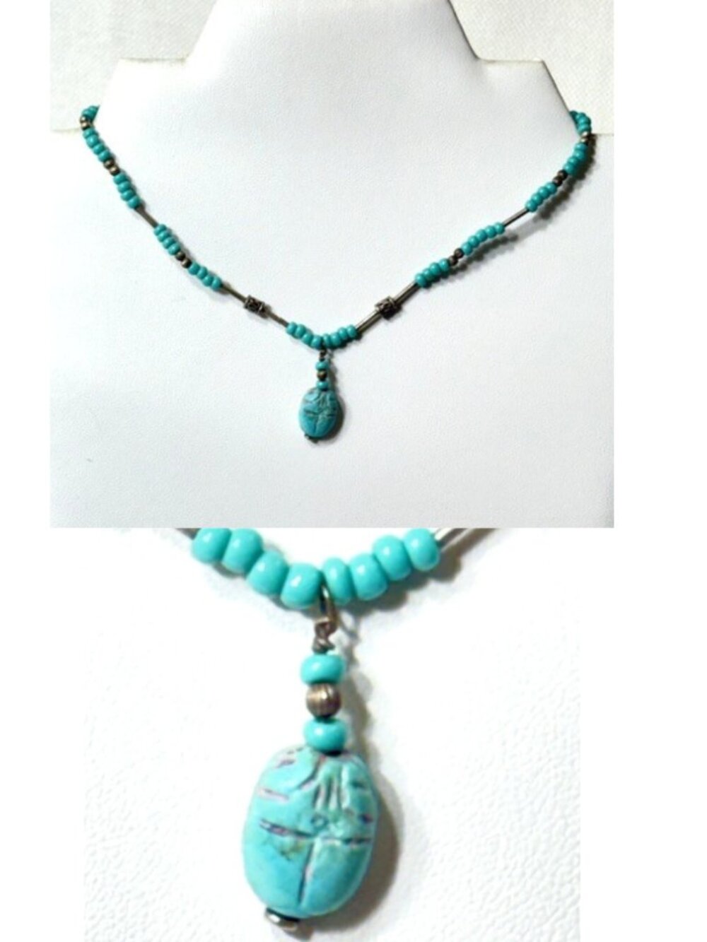 Silver and turquoise 14" choker necklace with Egyptian scarab pendant